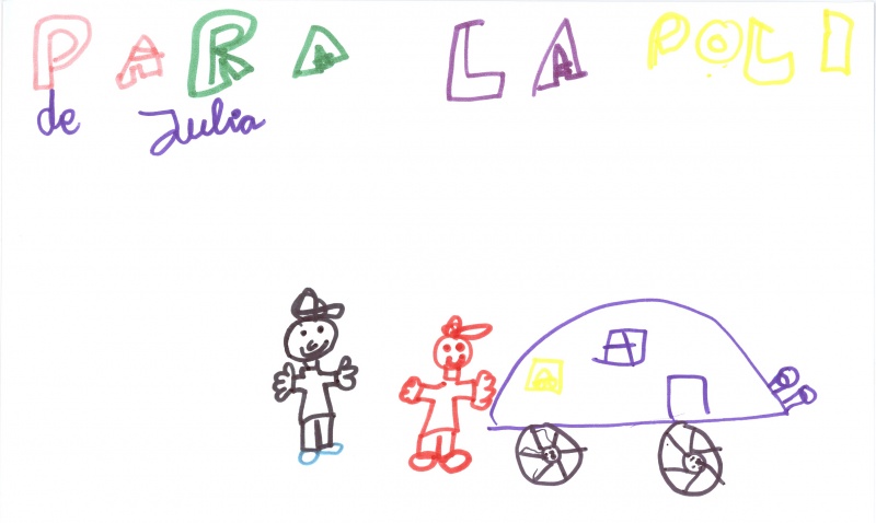 Dibujo de una pareja de niños juntos con un vehículo de la policía.