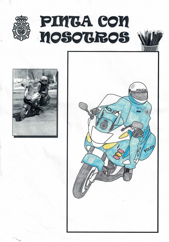 Dibujo coloreado de un Policía Nacional montado en su motocicleta.