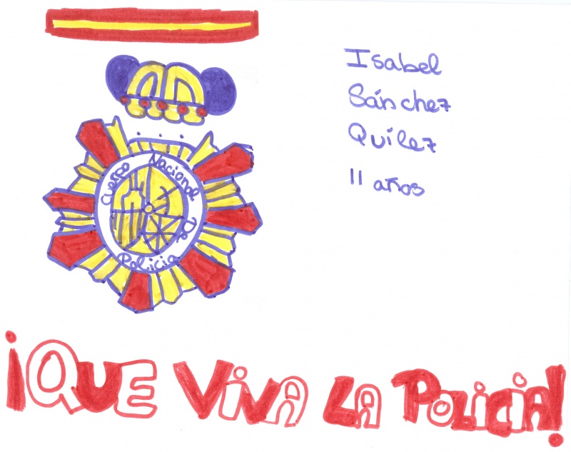 Dibujo de la placa emblema de la Policía Nacional junto con un pie de pagina en el que se puede leer Que viva España.