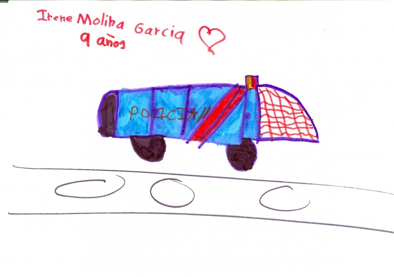 Dibujo de un vehículo policial junto a un corazón.