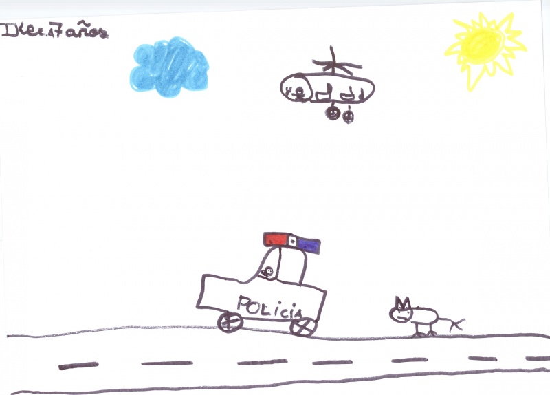Dibujo en que se puede ver un helicóptero, un coche y un perro de la policía.