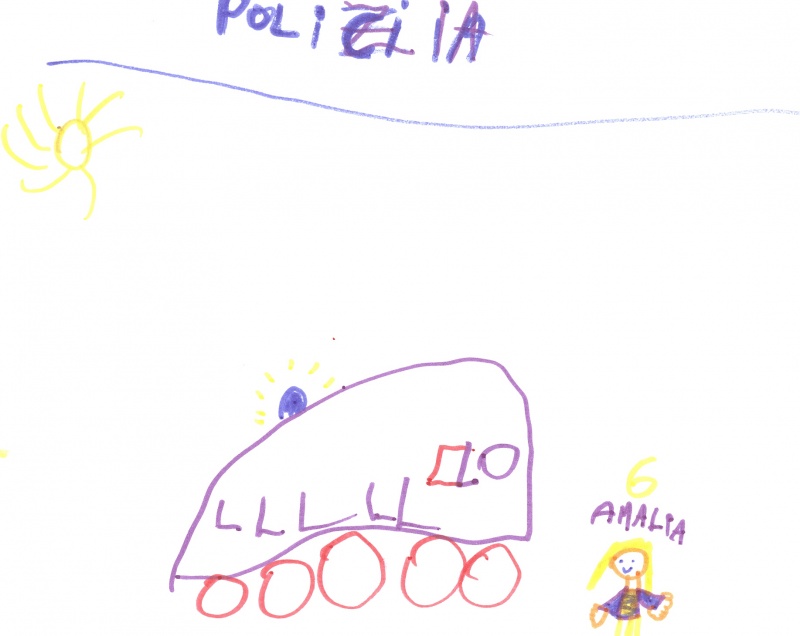 Dibujo en el cual se puede ver un coche de policía junto a una niña sonriendo.
