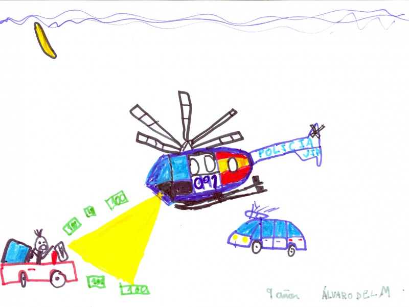 Dibujo en el que se puede ver una persecución de un helicóptero y coche de policía  a un coche el cual el conductor va tirando billetes de euro