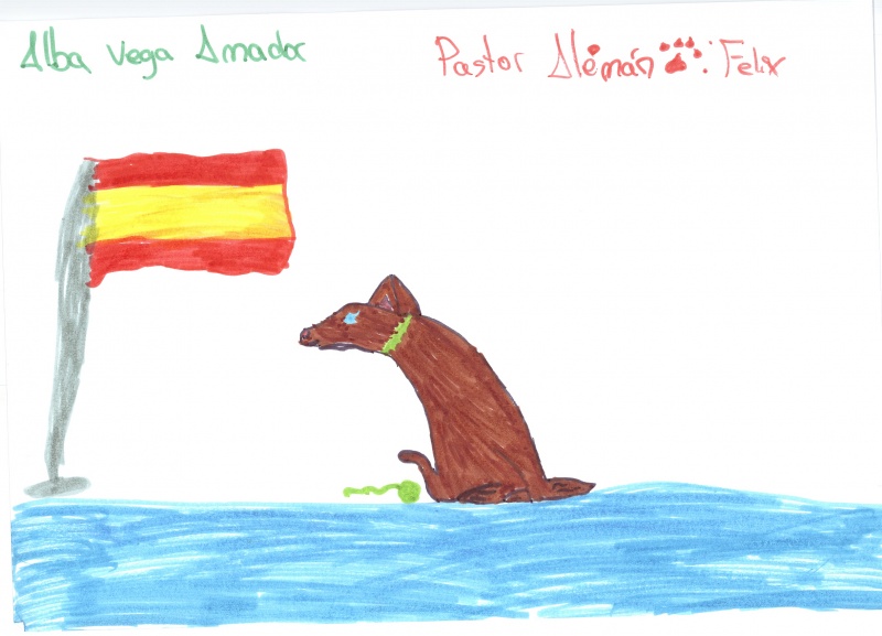 Dibujo de una bandera junto a un perro pastos alemán con el nombre de Felix
