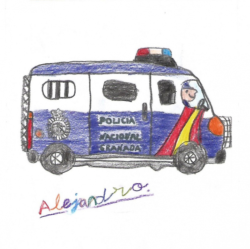 Dibujo a color en el que se puede ver un vehículo de la policía nacional realizando un traslado de detenidos