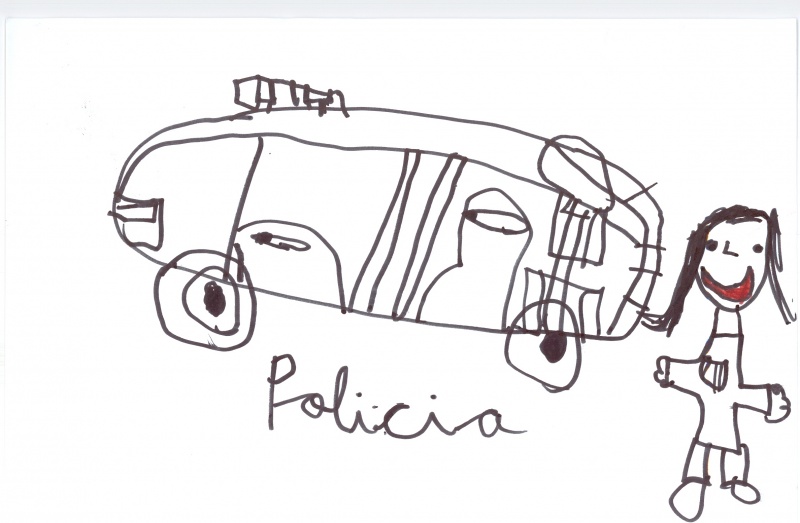 Dibujo de un vehículo de policía junto a una chica sonriente.