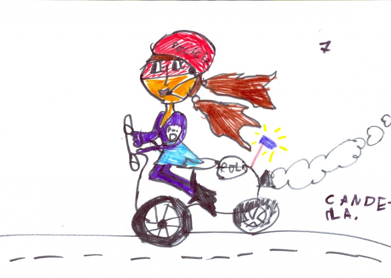 Dibujo en el cual se puede ver a una chica montada en una motocicleta de la policía.