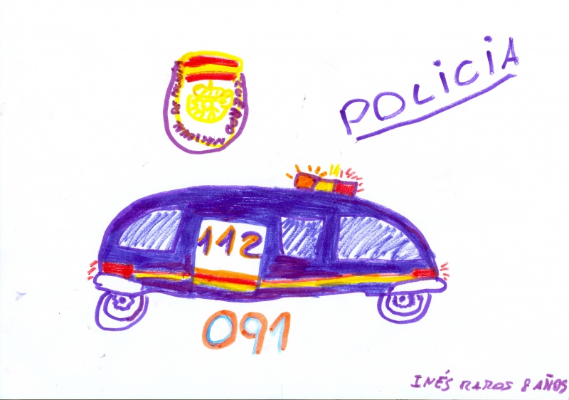 Dibujo de un coche de policía junto al emblema de Policía Nacional y el teléfono 091