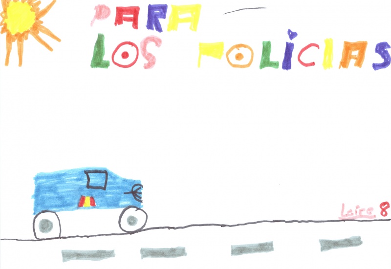 Dibujo dedicado a los policías en el que se puede ver a un coche de policía encabezado por un gran sol amarillo.