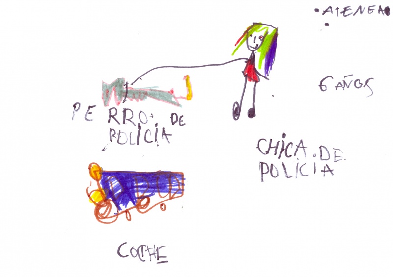 Dibujo en el que se puede ver a una chica policía junto a un perro policía.