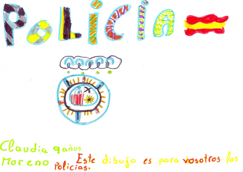 Dibujo en el que se puede ver la palabra policía escrita en  gran tamaño con el escudo del Cuerpo Nacional de Policía.