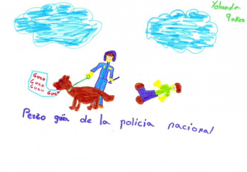 Dibujo en el que se puede ver la representación de la detención de un delincuente por parte de la policía junto con perro.