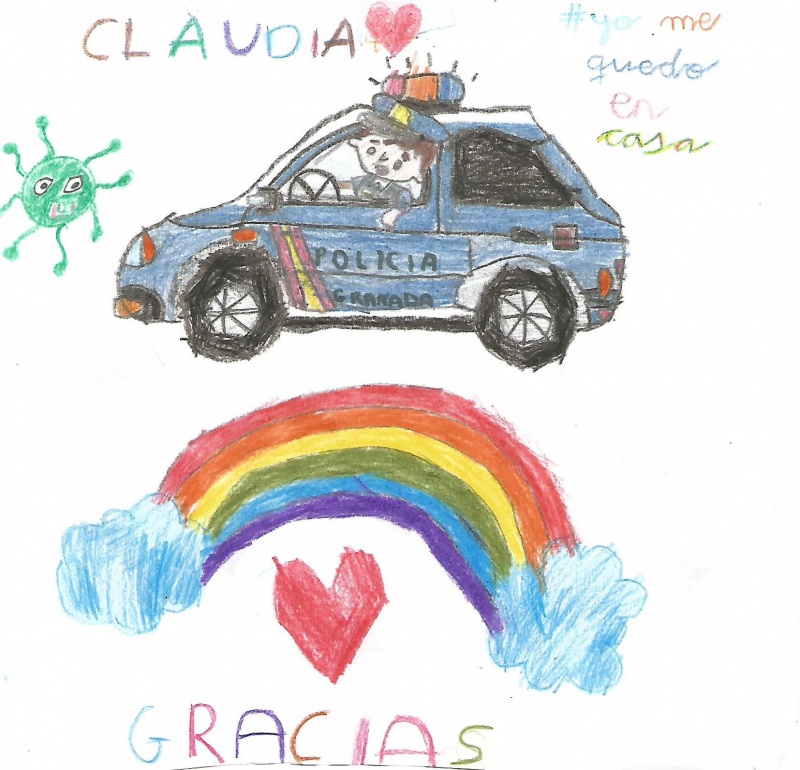 Dibujo en el que se puede ver a un coche de la Policía Nacional y  un arcoíris con un corazón y la palabra gracias.