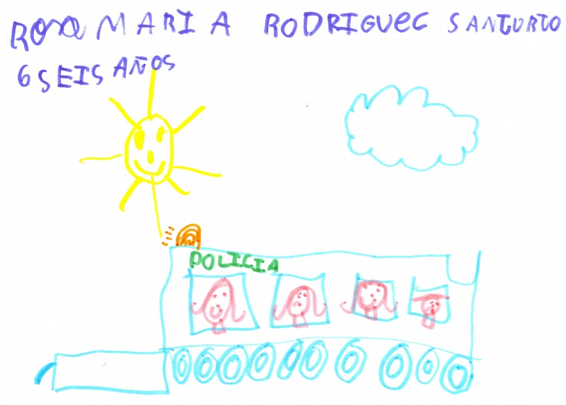 Dibujo en el que se puede ver un vehículo largo de policía con muchas ruedas y cuatro ventanillas en las cuales aparecen unas caras de unas niñas.