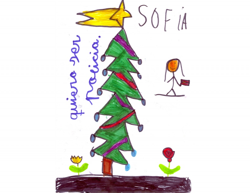 Dibujo en el que se puede ver un árbol de navidad junto con dos rosas y una niña sonriente con una carta.