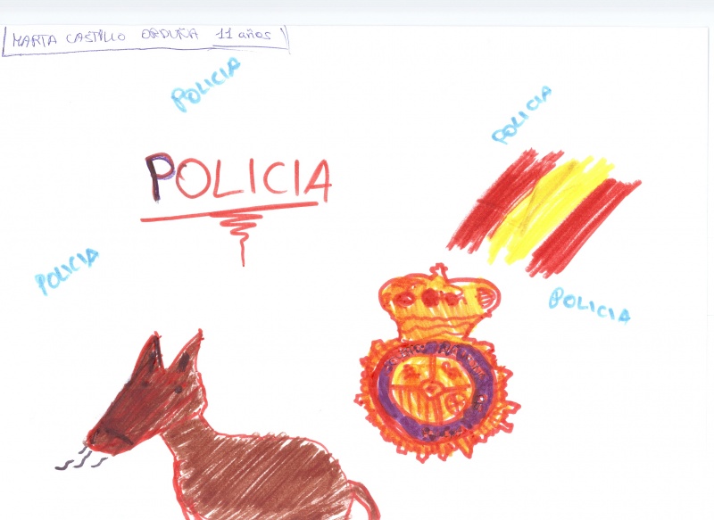 Dibujo en el que se puede ver un caballo junto con la placa de la Policía Nacional y la bandera de España.