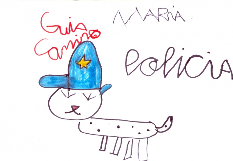 Dibujo en el que se puede ver a un perro con un sombrero de policía con una estrella. 