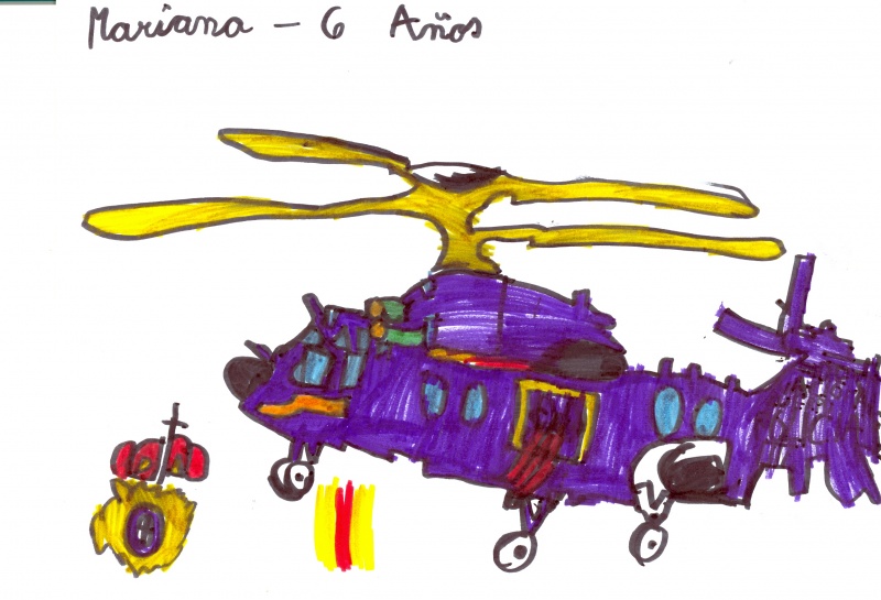 Dibujo de un helicóptero de la policía junto a la placa de policía nacional y la bandera de España