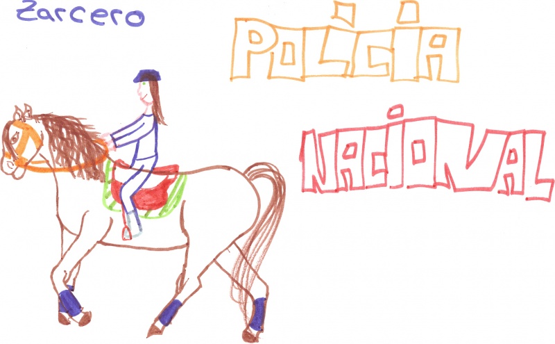 Dibujo de una chica montada en un caballo con el titulo en gran tamaño Policía Nacional.