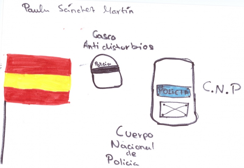 Dibujo en el que se ve puede ver la bandera de España un casco y escudo antidisturbios.