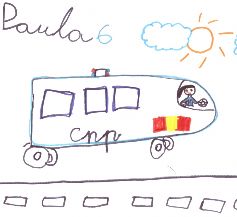 Dibujo en el que se puede ver un vehículo de la Policía Nacional circulando bajo el sol.
