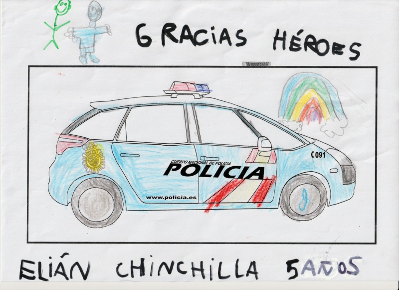 Dibujo coloreado de un coche radio patrulla de la Policía Nacional.