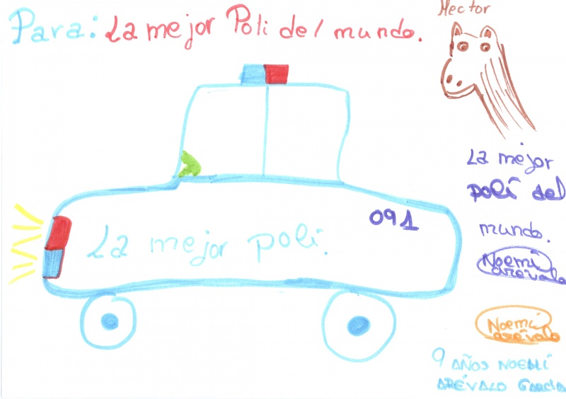 Dibujo en el que se puede ver un coche de policía junto con una frase en la cual dice La mejor poli del mundo