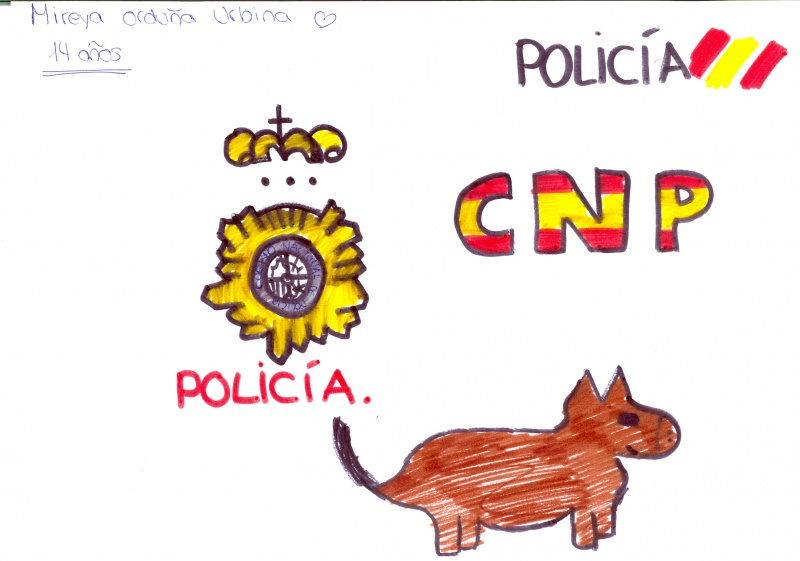 Dibujo de la placa del Cuerpo Nacional de Policía junto a la bandera las siglas CNP y un perro perteneciente a guías caninos.