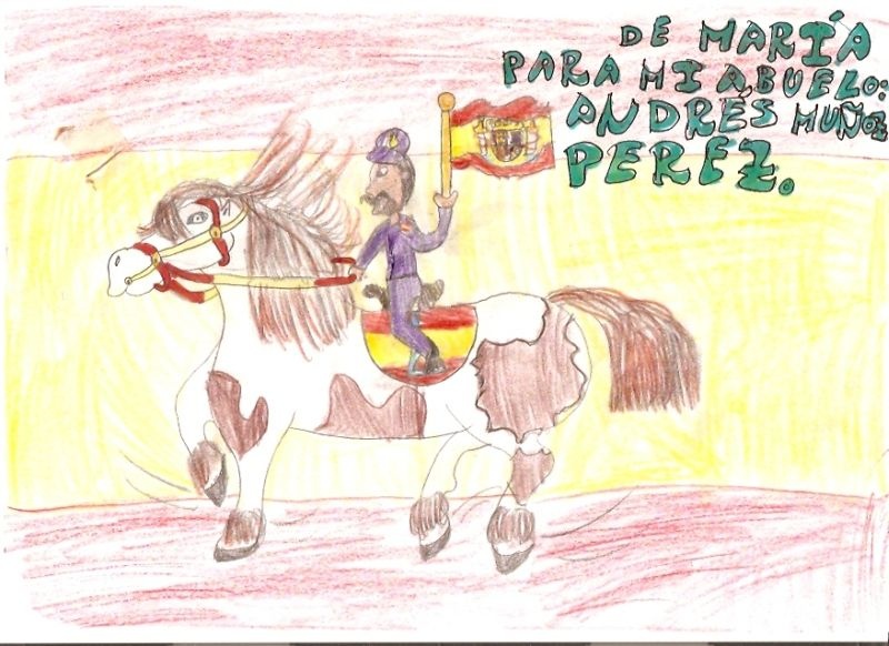 Dibujo en el que se puede ver a un policía nacional montado en un caballo, portando una bandera de España.