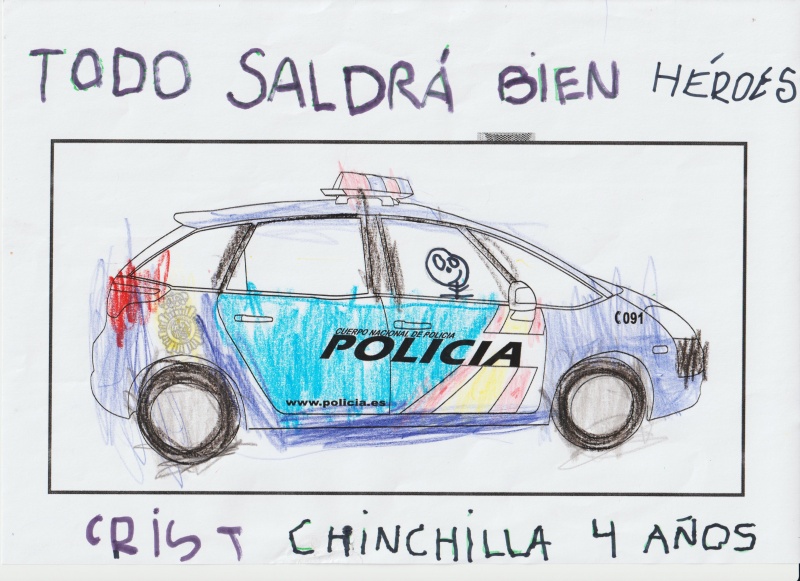 Dibujo coloreado de un coche radio patrulla de la Policía Nacional encabezado con la frase Todo saldrá bien héroes