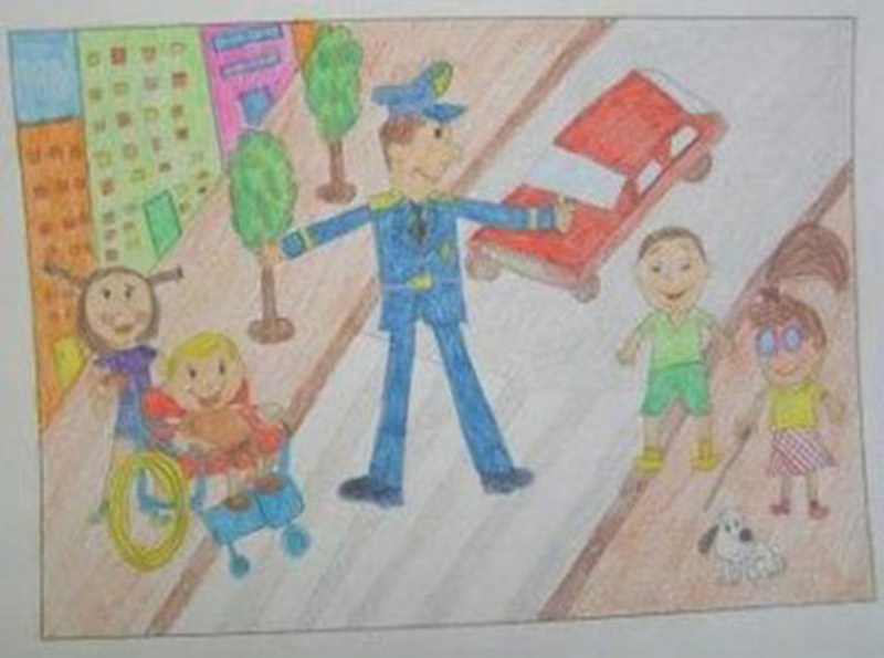 Dibujo en el que se puede ver a un policía dirigiendo el tráfico mientras unos niños cruzan una calle.