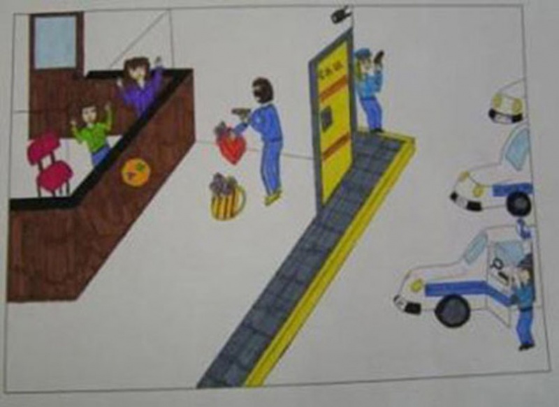 Dibujo en el que se esta representando un atraco a una entidad bancaria mientras tres coches de policía acuden a evitarlo.