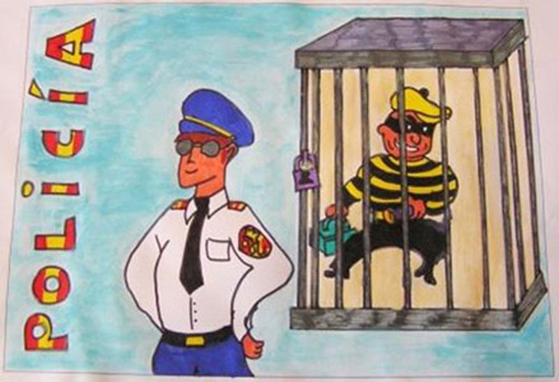 Dibujo en el que se puede ver como un agente de policía vigila a un ladrón que está en prisión.