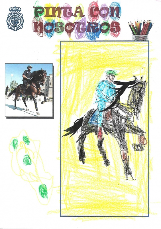 Dibujo coloreado de un Policía Nacional perteneciente a la Unidad Especial de Caballería, montando en su caballo
