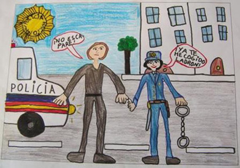 Dibujo en el que se está representado la detención de un ladrón al cual van a poner los grilletes.