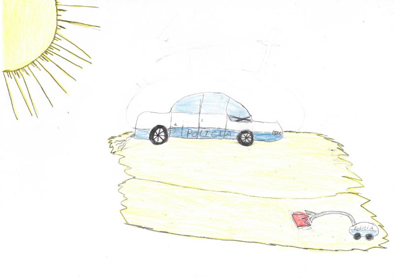 Dibujo en el que se puede ver a un coche radio patrulla de la policía junto a un robot de desactivación de explosivos.