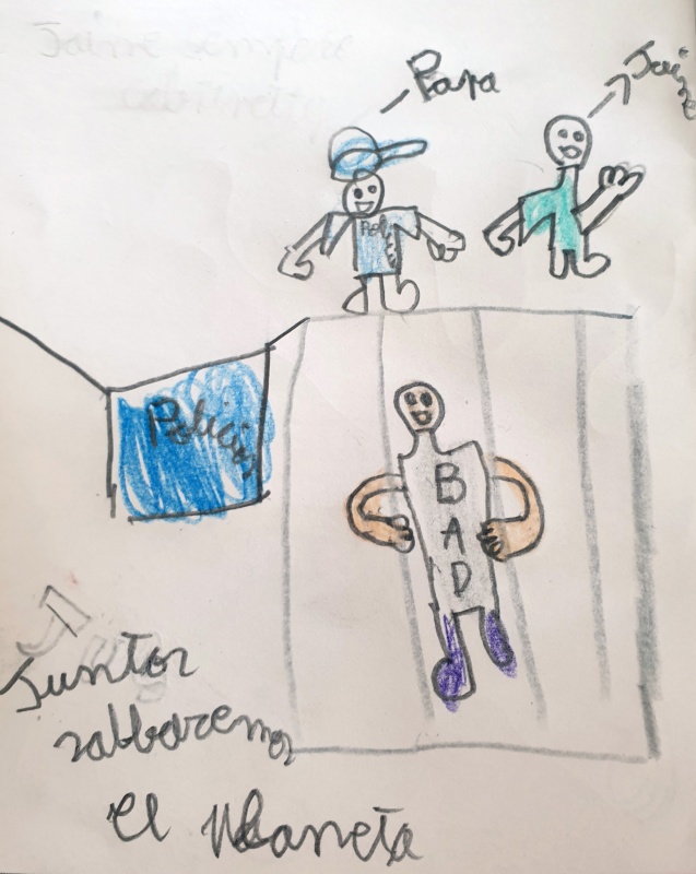 Dibujo en el que muestra a un ladrón entre rejas, y un niño y su padre paseando