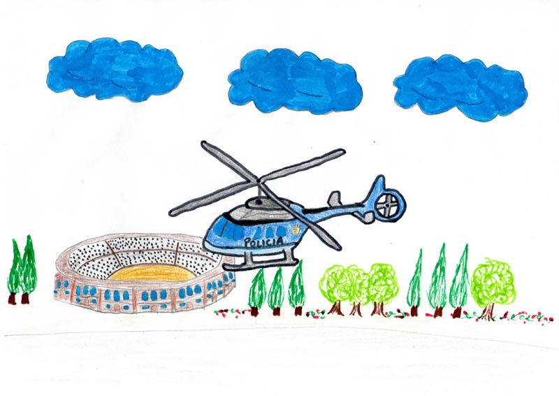 Dibujo en el que se puede ver como un helicóptero de la policía sobre vuela una plaza de toros.