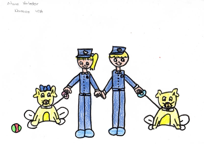 Dibujo en el que se puede ver como una pareja de policías sujeta por la correa a dos perros.