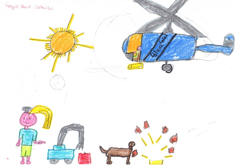 Dibujo en el que se puede ver a una niña sonriendo junto a varios vehículos de policía, un helicópeto y un perro guía.