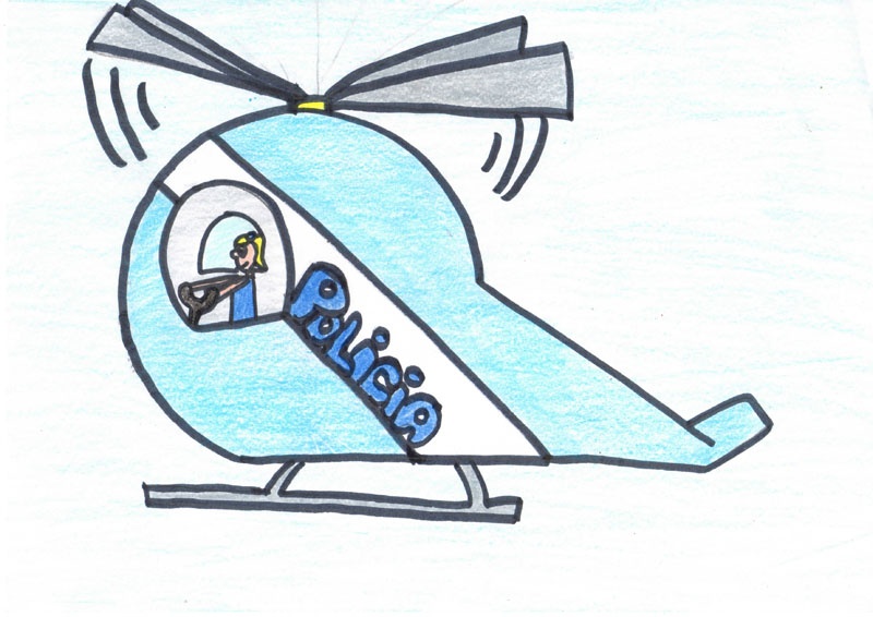 Dibujo de una niña pilotando un helicóptero de la policía.