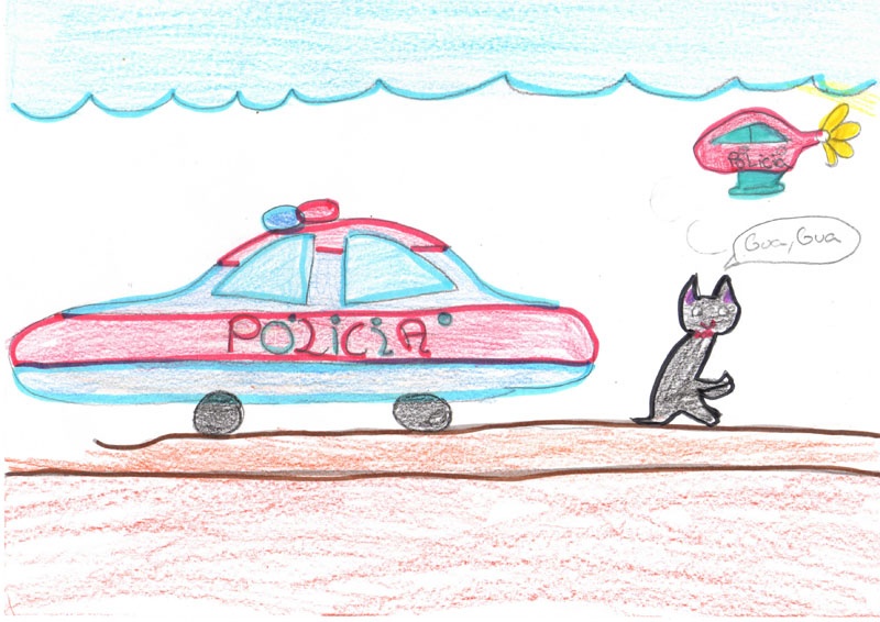 Dibujo de un helicóptero, un coche radio patrulla de la policía y un perro guía.