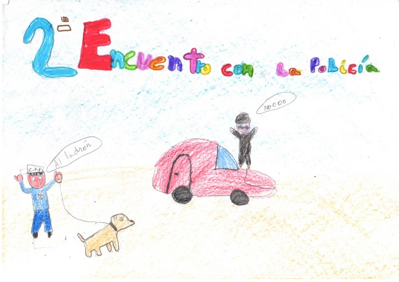 Dibujo en el cual de puede ver como un policía acompañado de su perro guía apresa a un ladrón montado en un coche.