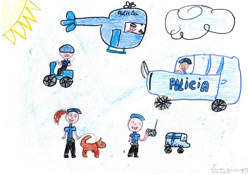 Dibujo en el cual se representa las funciones que realiza la policía, y los distintos vehículos que utiliza.