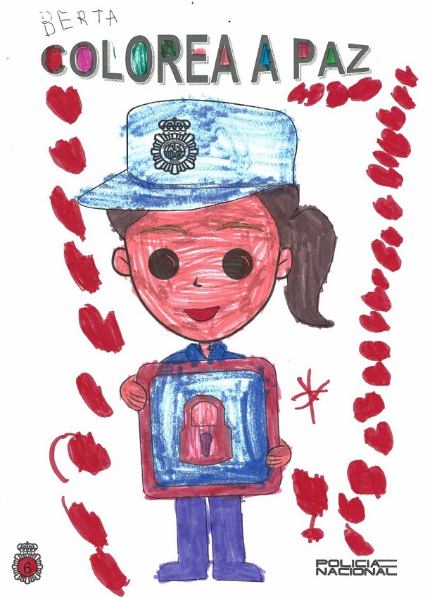 Dibujo de una mujer Policía Nacional sosteniendo un cartel con un candado.