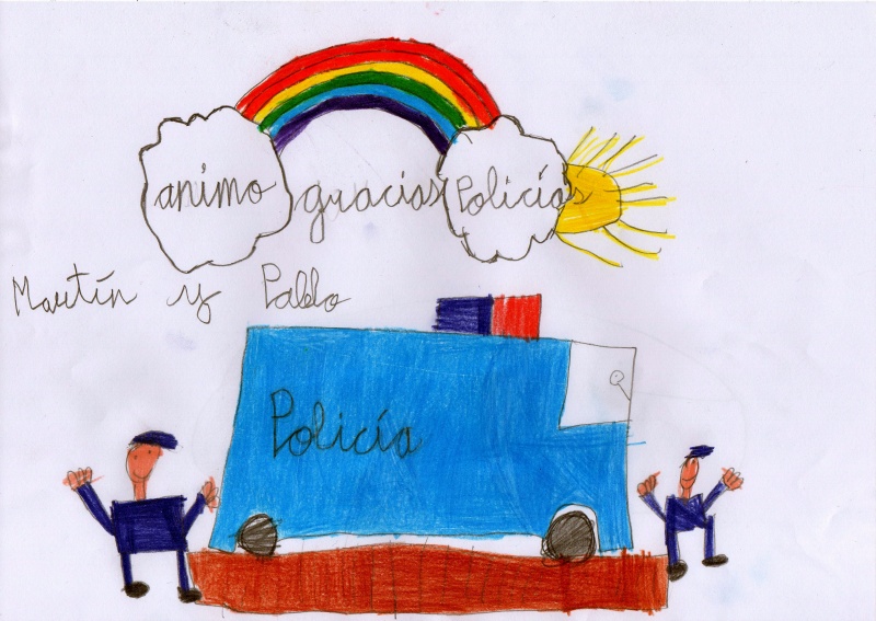 Dibujo de un vehículo de la policía acompañado de dos policías, con un mensaje dando animo