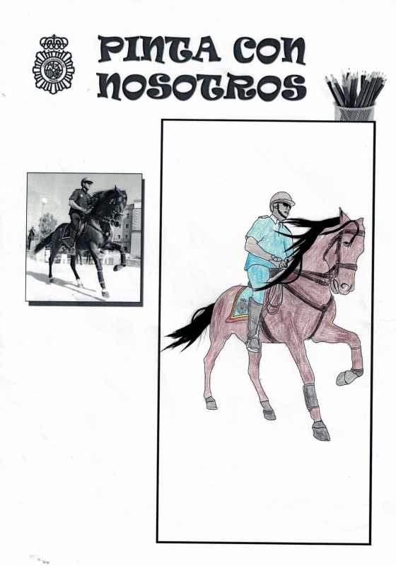 Dibujo de un Policía Nacional de la Unidad Especial de Caballería, montado en su caballo.