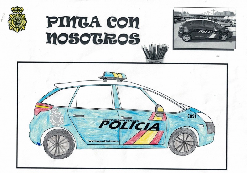 Dibujo coloreado de un vehículo radio patrulla de la Policía Nacional.
