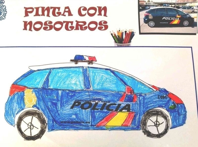 Dibujo coloreado de un coche radio patrulla de la Policía Nacional.