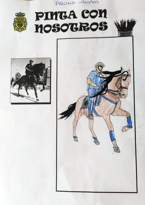 Dibujo de un Policía Nacional perteneciente a la Unidad Especial de Caballería montado en su caballo